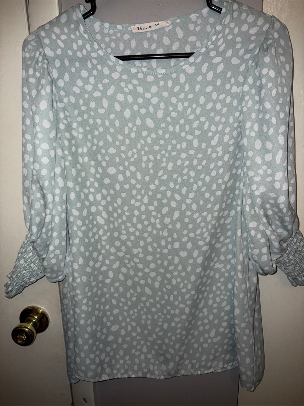 Vine & Love Seafoam and White Dot Smocked-Sleeve Blouse